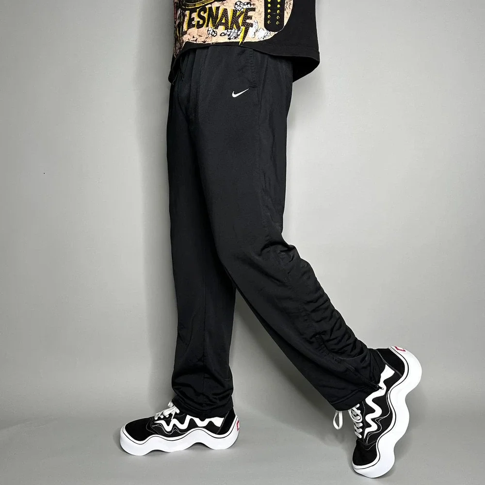 Vintage Nike Sweatpants Jet Black Polyester White Swoosh Relaxed Team Tag 90s